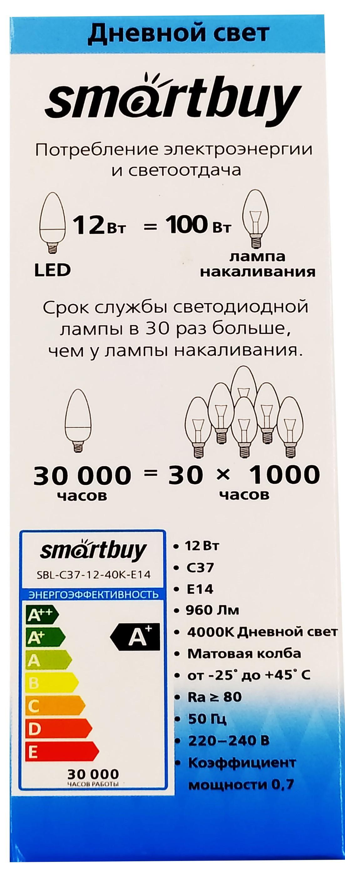 Светодиодная (LED) Лампа Smartbuy-C37-12W/4000 (SBL-C37-12-40K-E14)