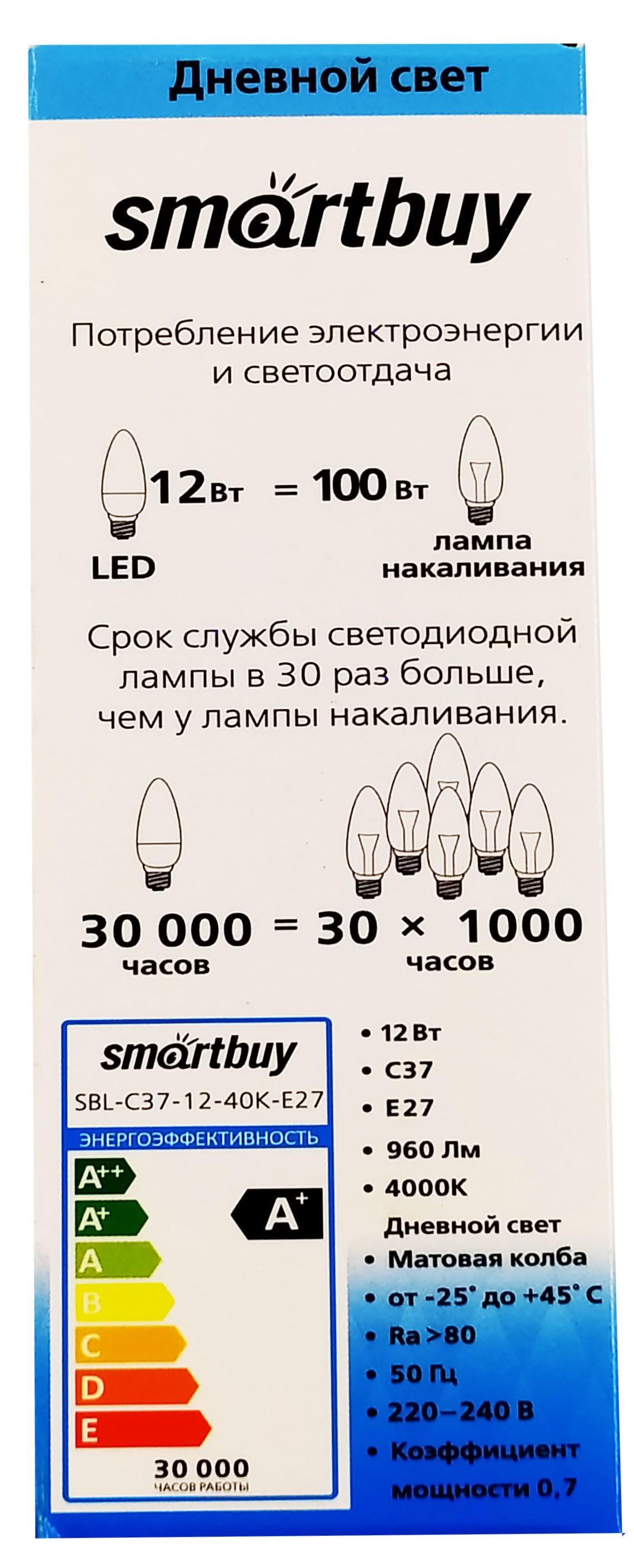 Светодиодная (LED) Лампа Smartbuy-C37-12W/4000 (SBL-C37-12-40K-E27)