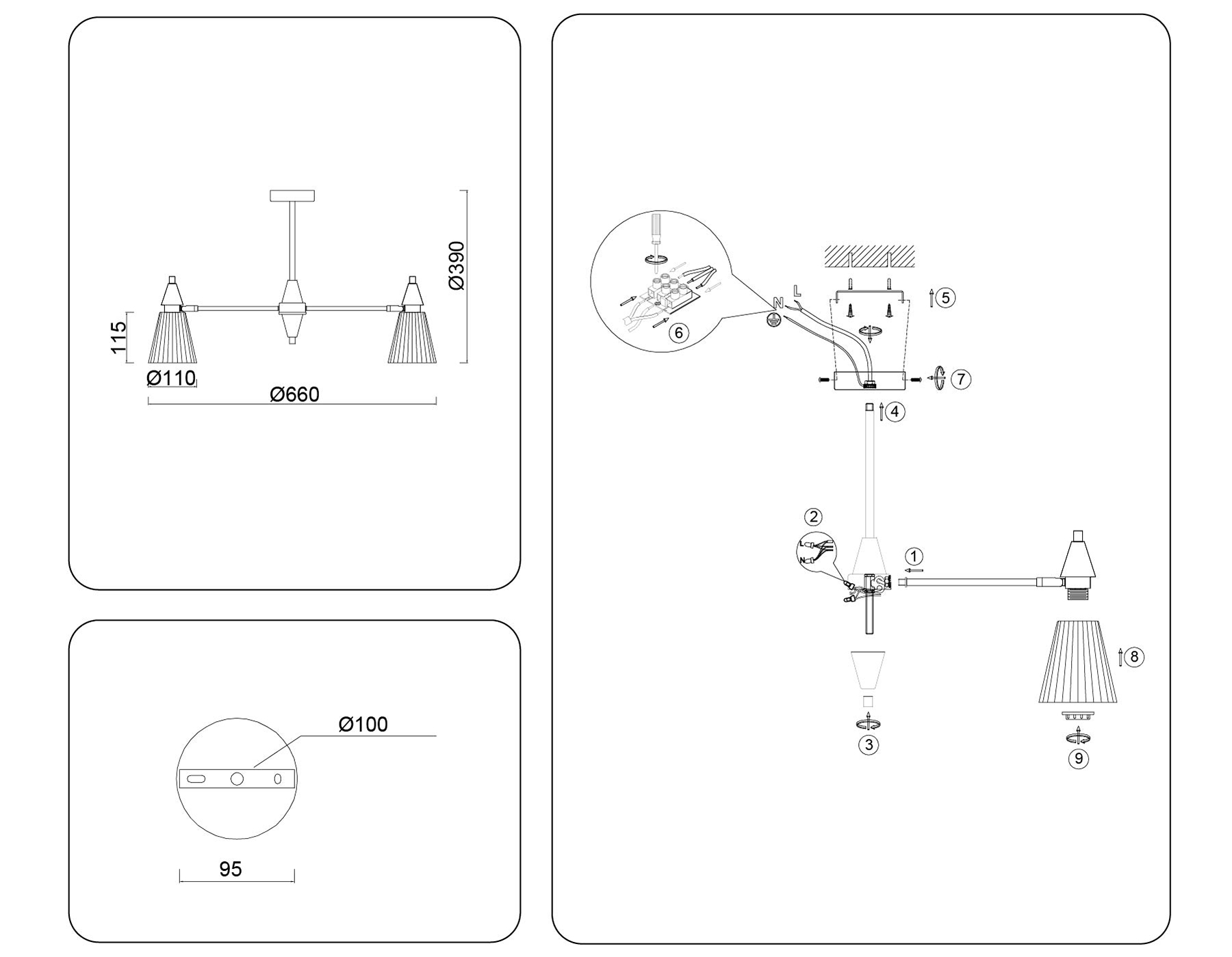 LH58114/5 BK/LW/SM черный/светлое дерево/дымчатый E14*5 max 40W D660*390