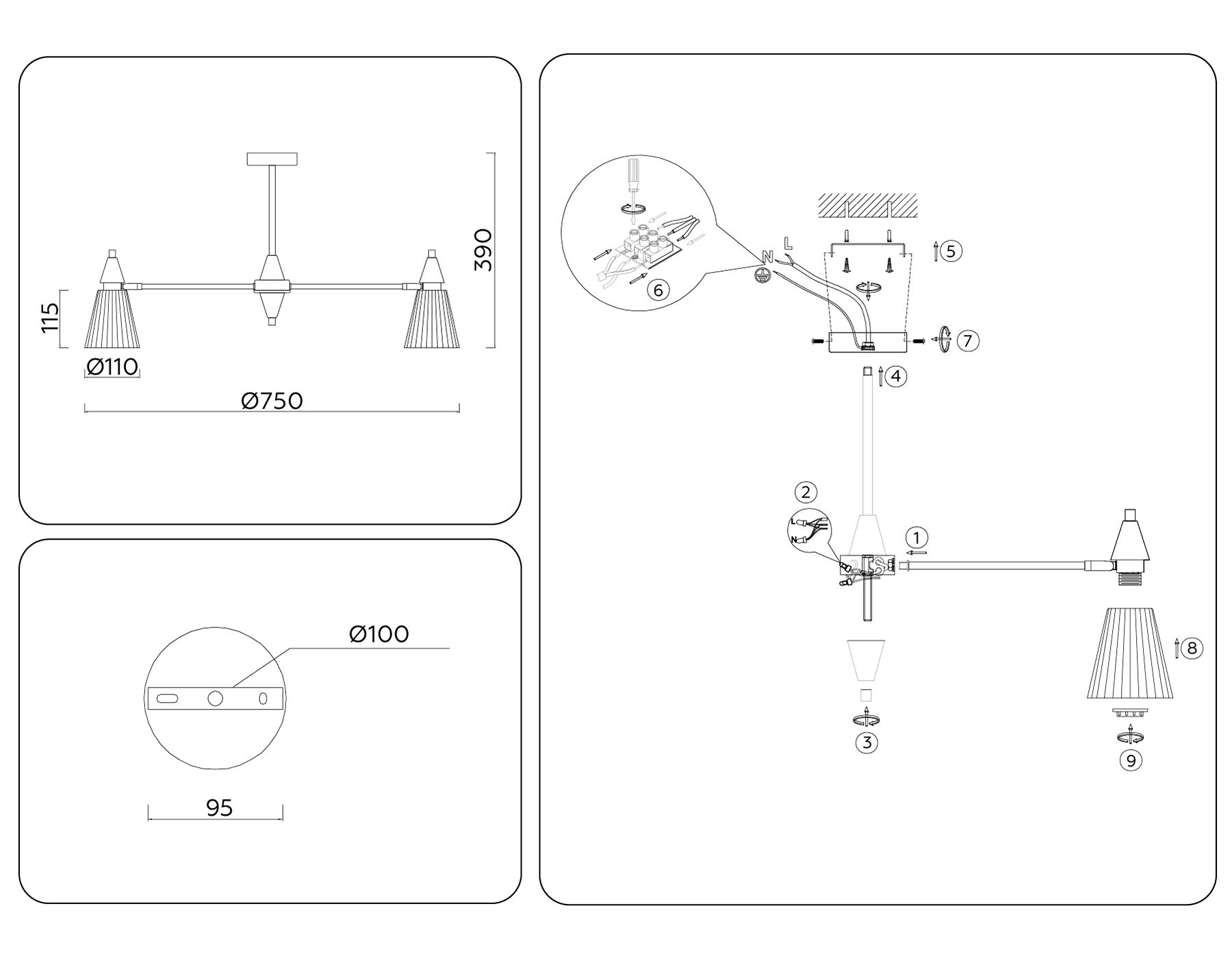LH58116/7 BK/LW/SM черный/светлое дерево/дымчатый E14*7 max 40W D750*390