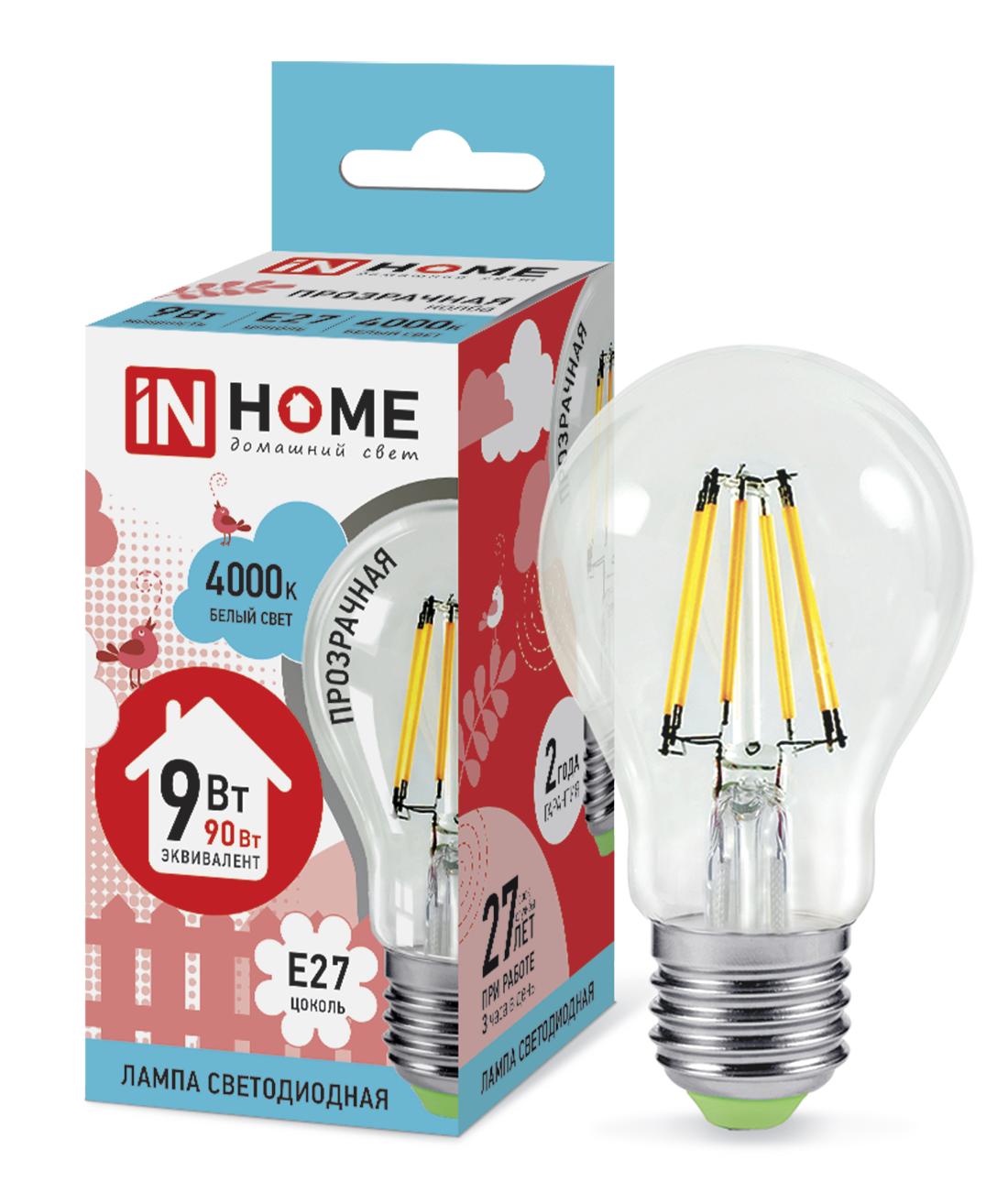 Лампа светодиодная LED-A60-deco 9Вт 230В Е27 4000К 810Лм прозрачная IN HOME