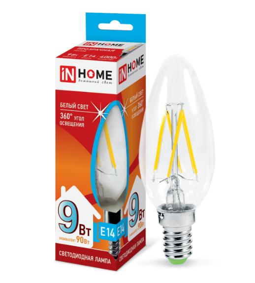 Лампа светодиодная LED-СВЕЧА-deco 9Вт 230В Е14 4000К 810Лм прозрачная IN HOME