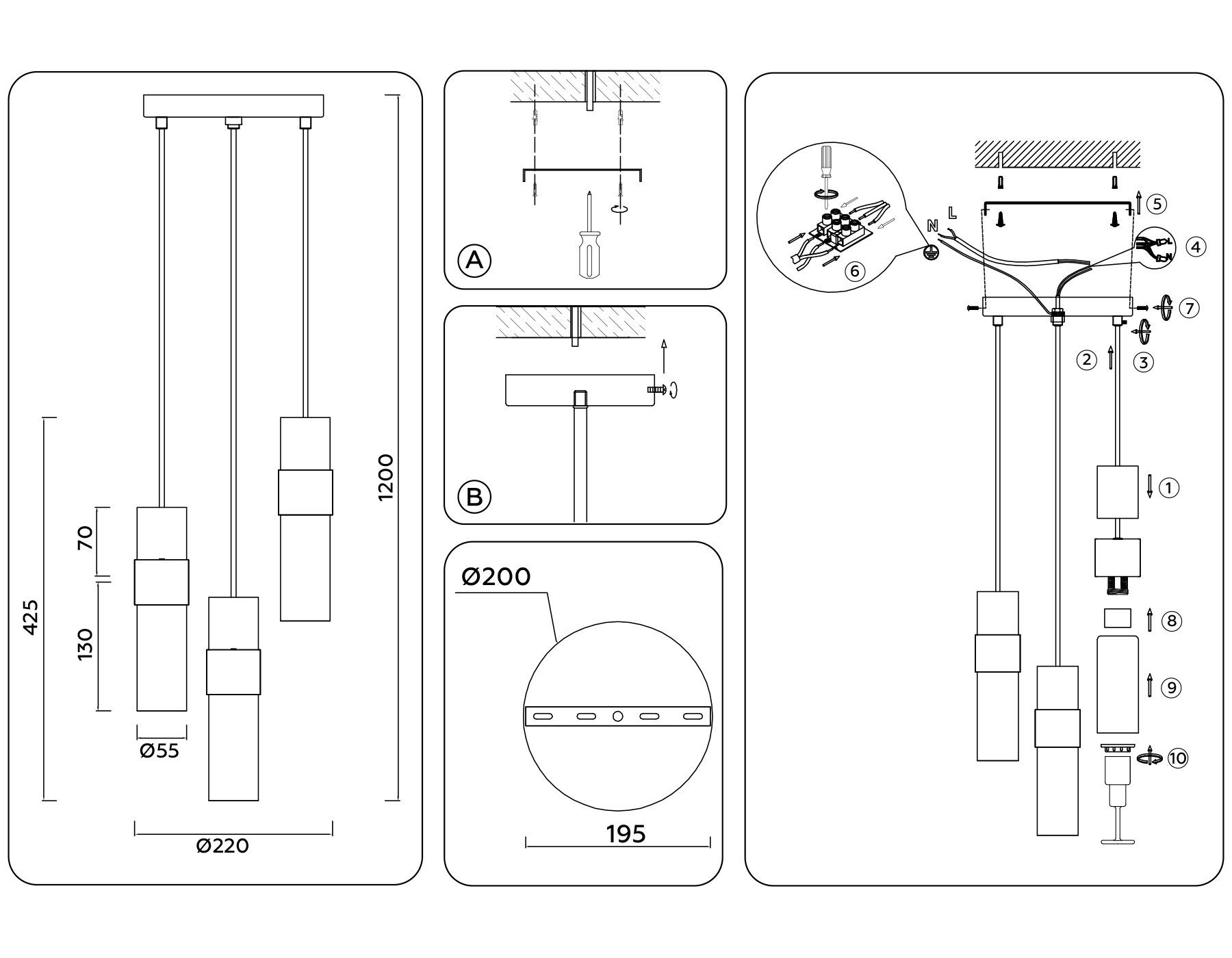 LH55102/3 BK/FR/TI черный/белый матовый/янтарь E14*3 max 40W D220*1200