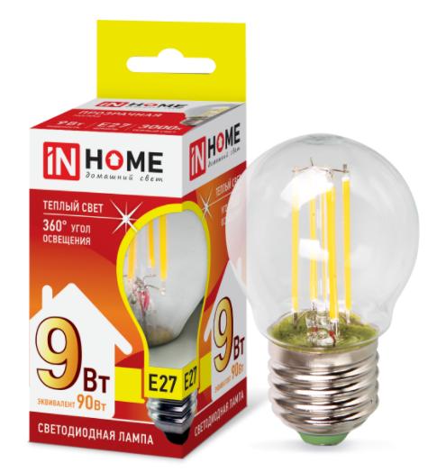 Лампа светодиодная LED-ШАР-deco 9Вт 230В Е27 3000К 810Лм прозрачная IN HOME