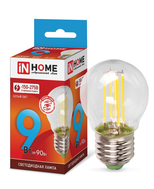 Лампа светодиодная LED-ШАР-deco 9Вт 230В Е27 4000К 810Лм прозрачная IN HOME