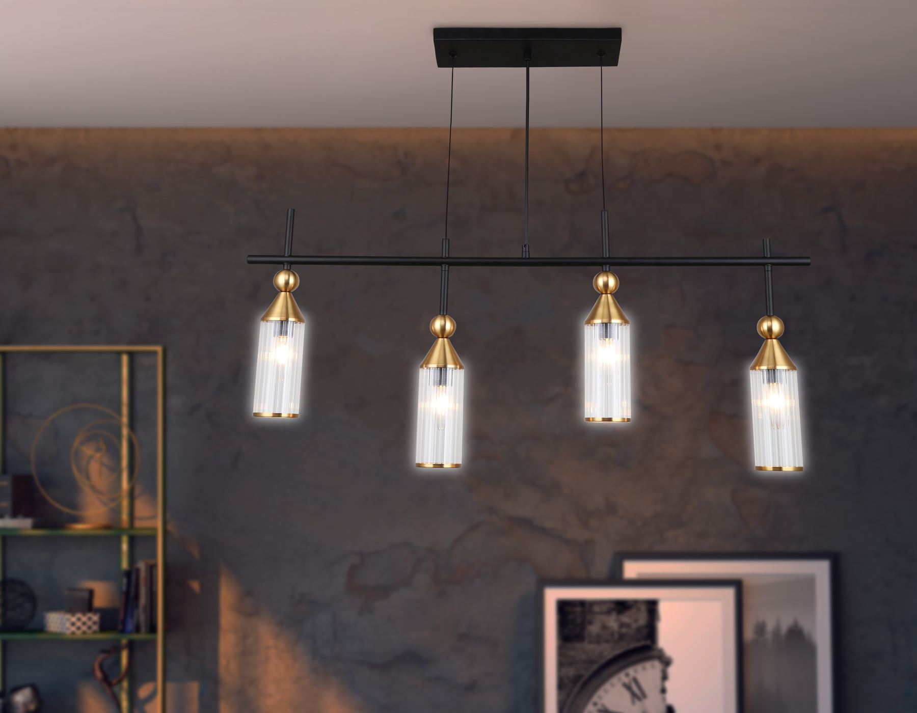 LH55254/4 BK/BS/CL черный/латунь/прозрачный E14*4 max 40W 845*65*1150