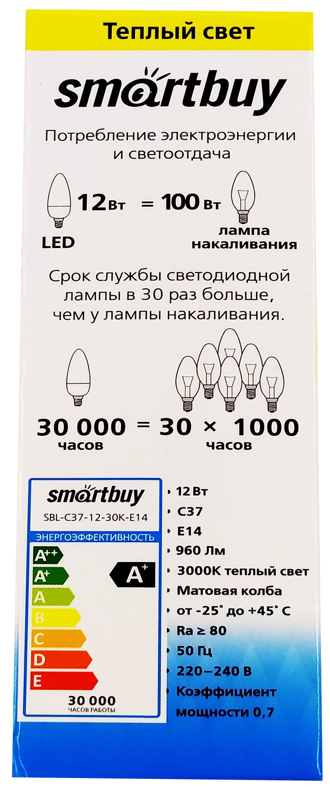 Светодиодная (LED) Лампа Smartbuy-C37-12W/3000 (SBL-C37-12-30K-E14)