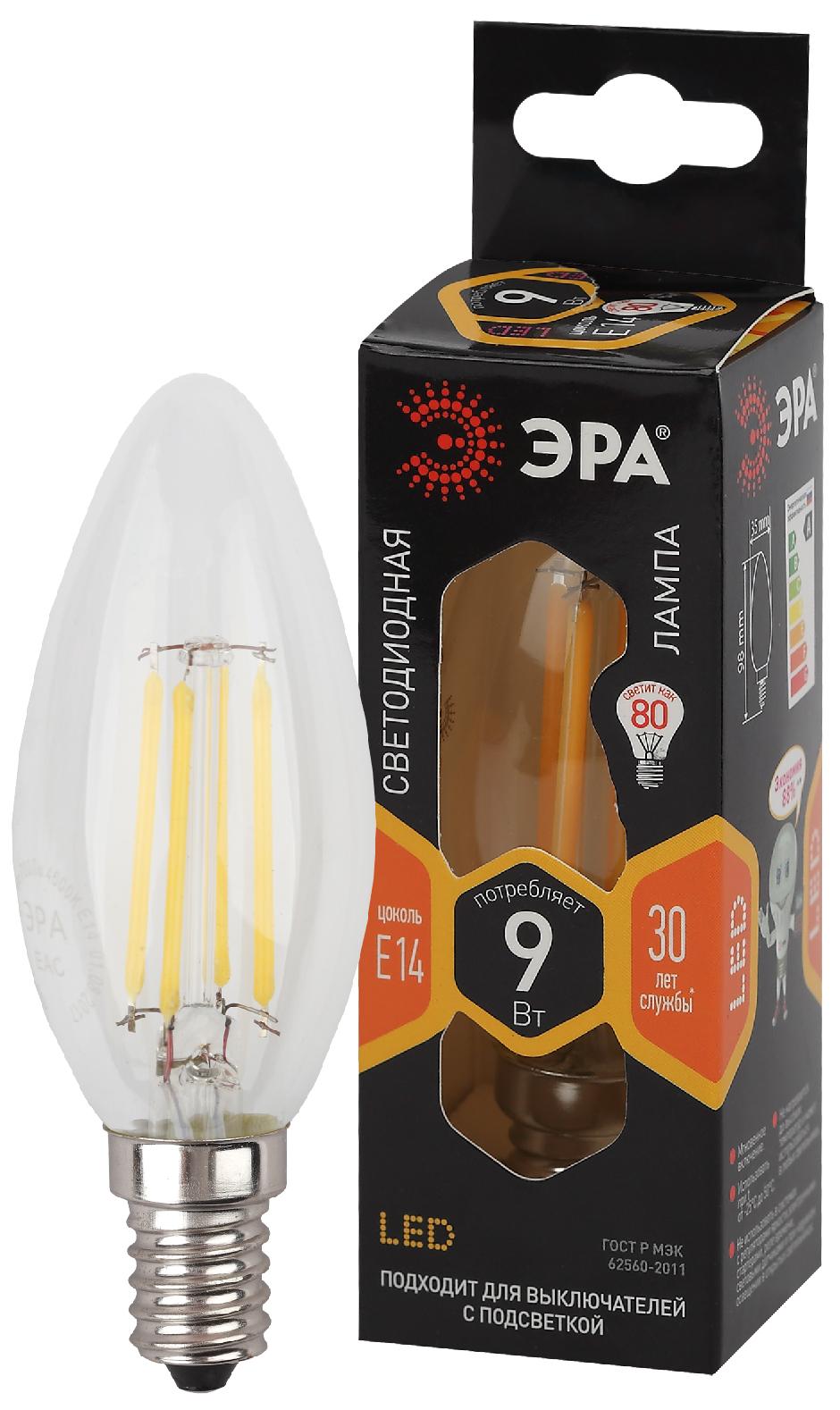 Лампа светодиодная  ЭРА F-LED B35-9w-827-E14 ЭРА (филамент, свеча, 9Вт, тепл, E14)