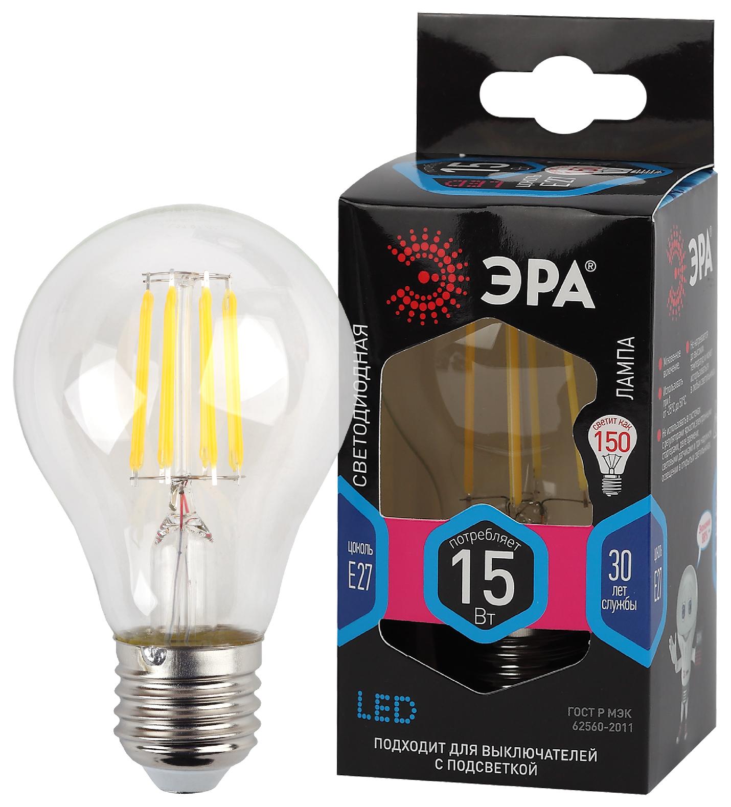 Лампа светодиодная  ЭРА F-LED A60-15W-840-E27  ЭРА (филамент, груша, 15Вт, нейтр, Е27)