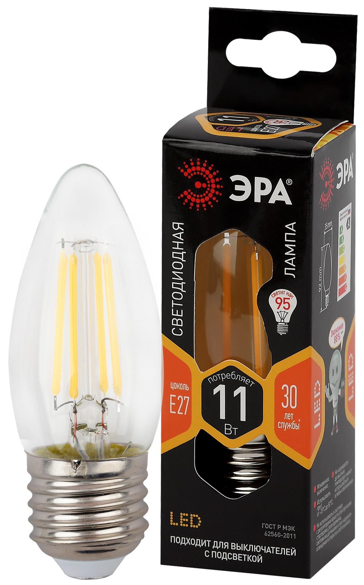 Лампа светодиодная  ЭРА F-LED B35-11w-827-E27 ЭРА (филамент, свеча, 11Вт, тепл, E27)