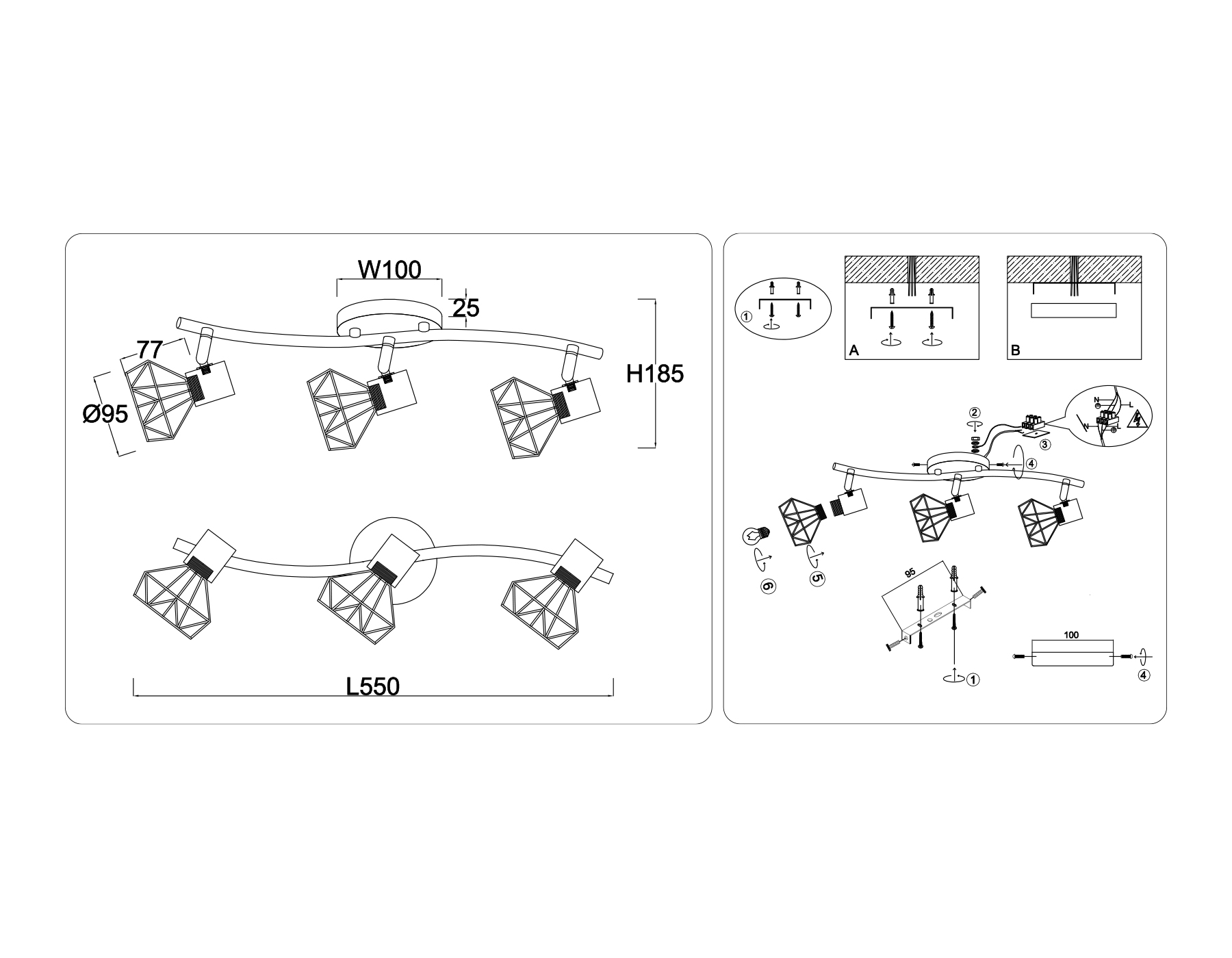 TR8657/3 BK/GD черный/золото E14/3 max 60W 550*100*185