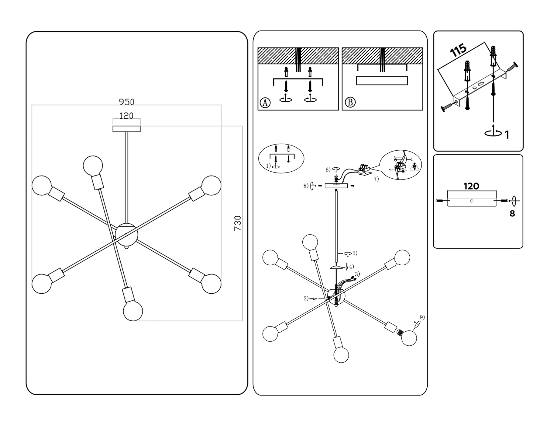 TR80435/6 BK/GD черный/золото E27/6 max 60W D950*730