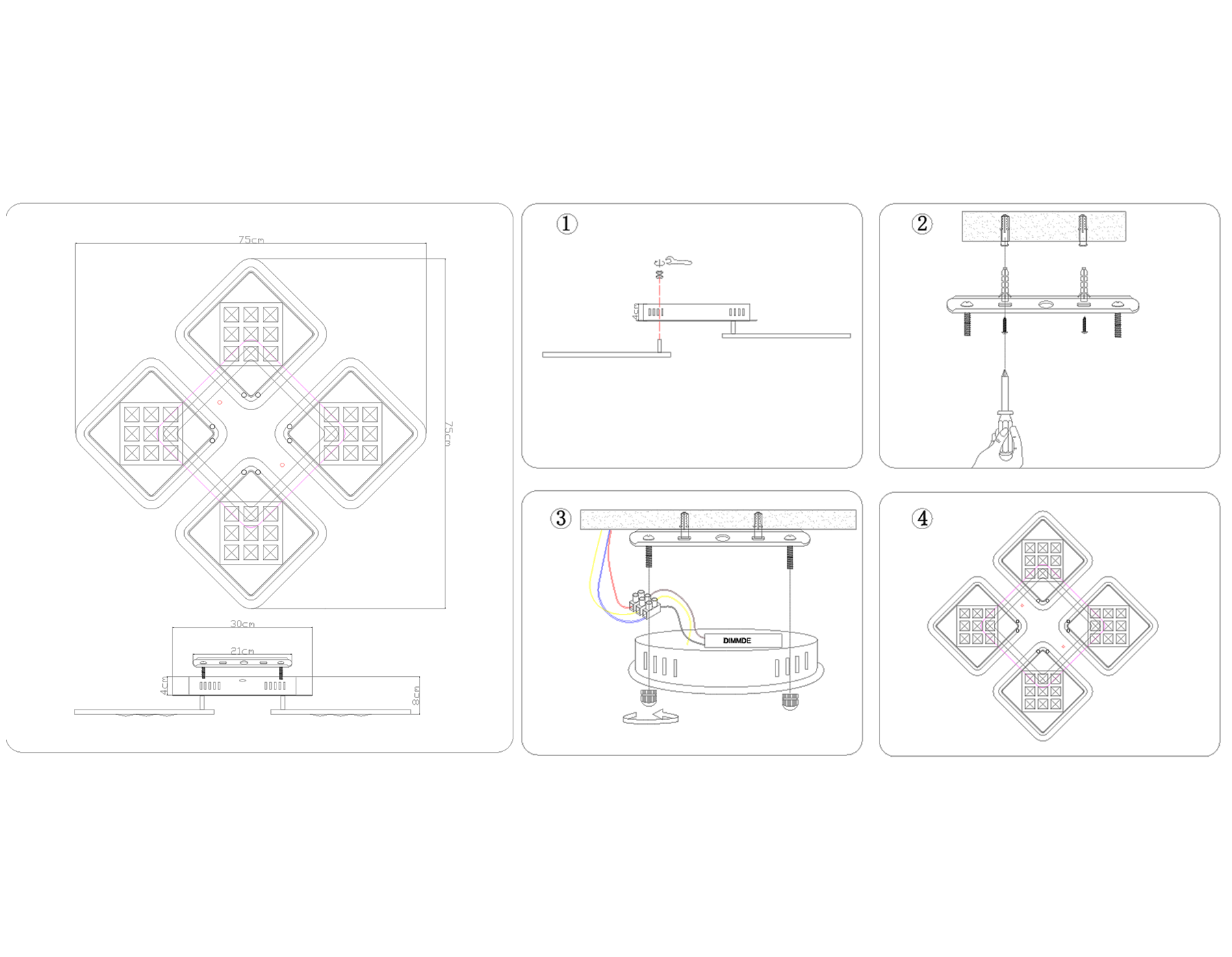 FA288/4 CH хром 116W 750*750*80 (ПДУ РАДИО 2.4G)