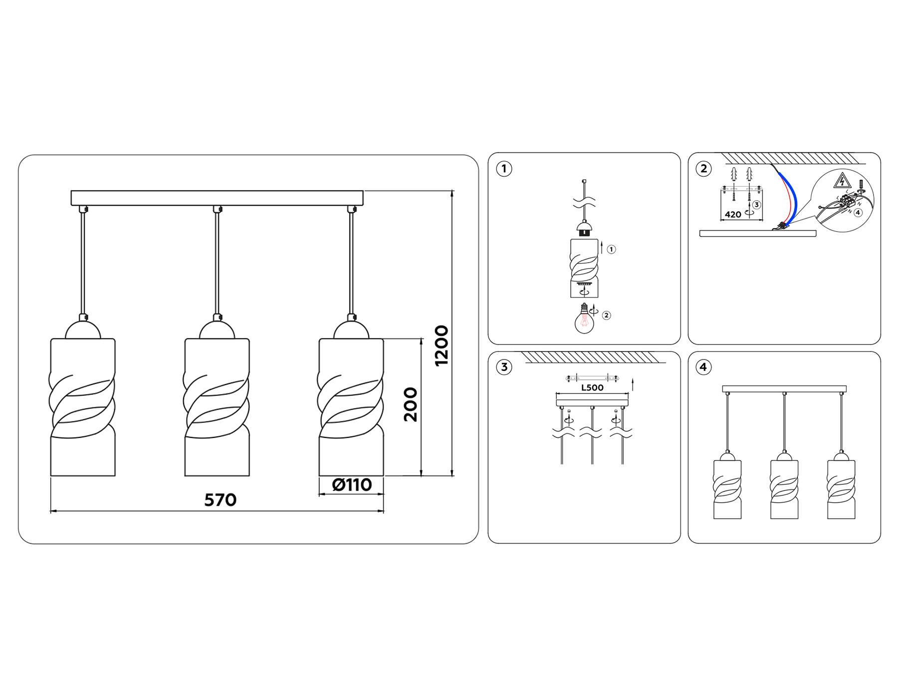 TR3556/3 BK/TI черный/янтарь E27 max 40W 570*110*1200