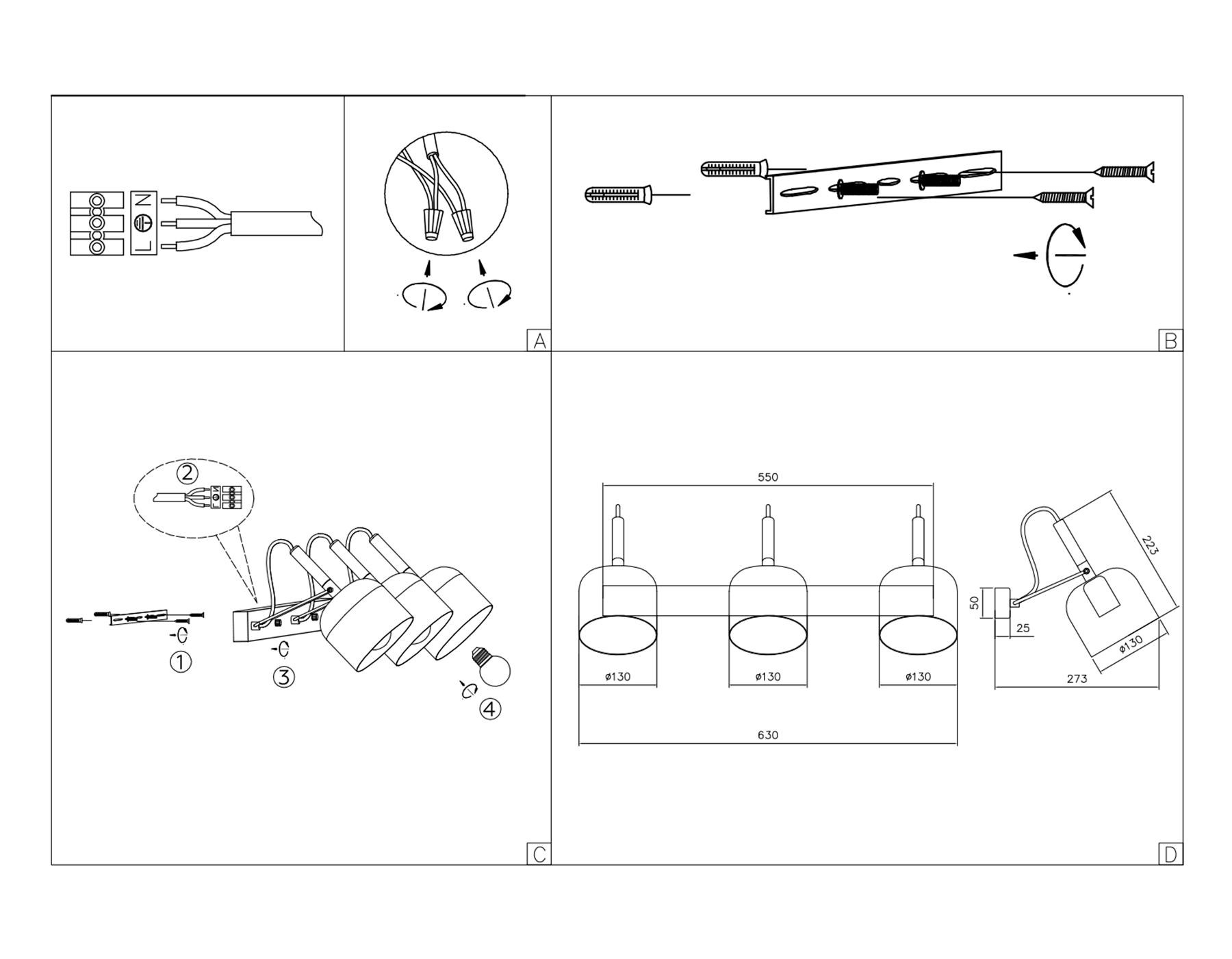 TR97109/3 GD/BK золото/черный E27*3 max 40W D130*223*273*550