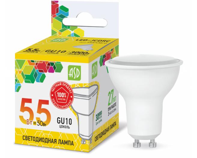 Лампа светодиодная LED-JCDRC-standard 5.5Вт 160-260В GU10 3000К 495Лм ASD*