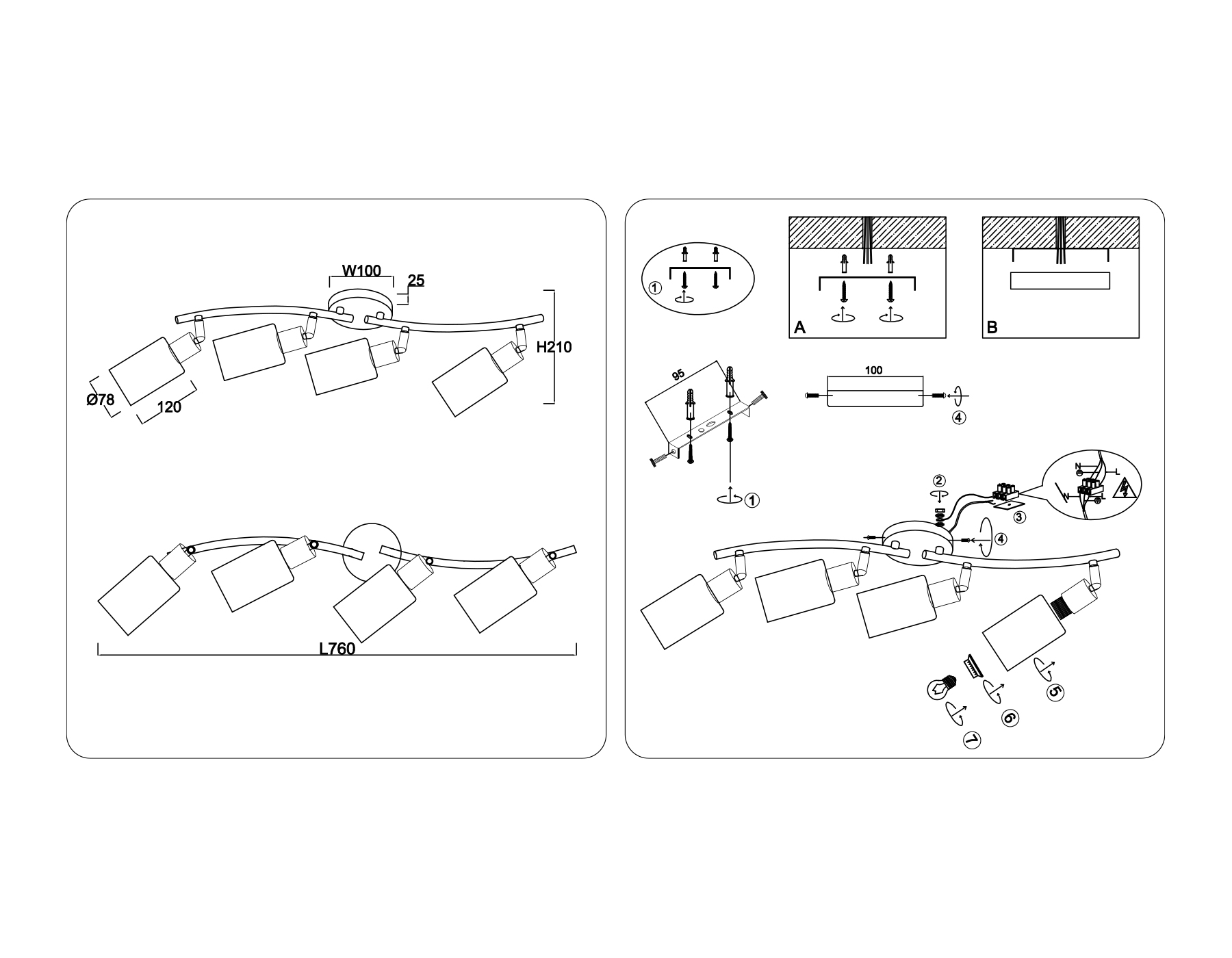 TR8723/4 BK/WD черный/дерево E14/4 max 60W 760*100*210