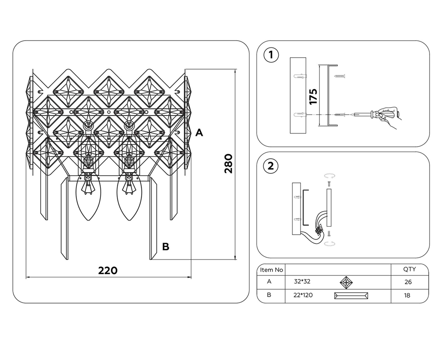 TR5282/2 CH/CL хром/прозрачный E14/2 max 40W 280*220*150