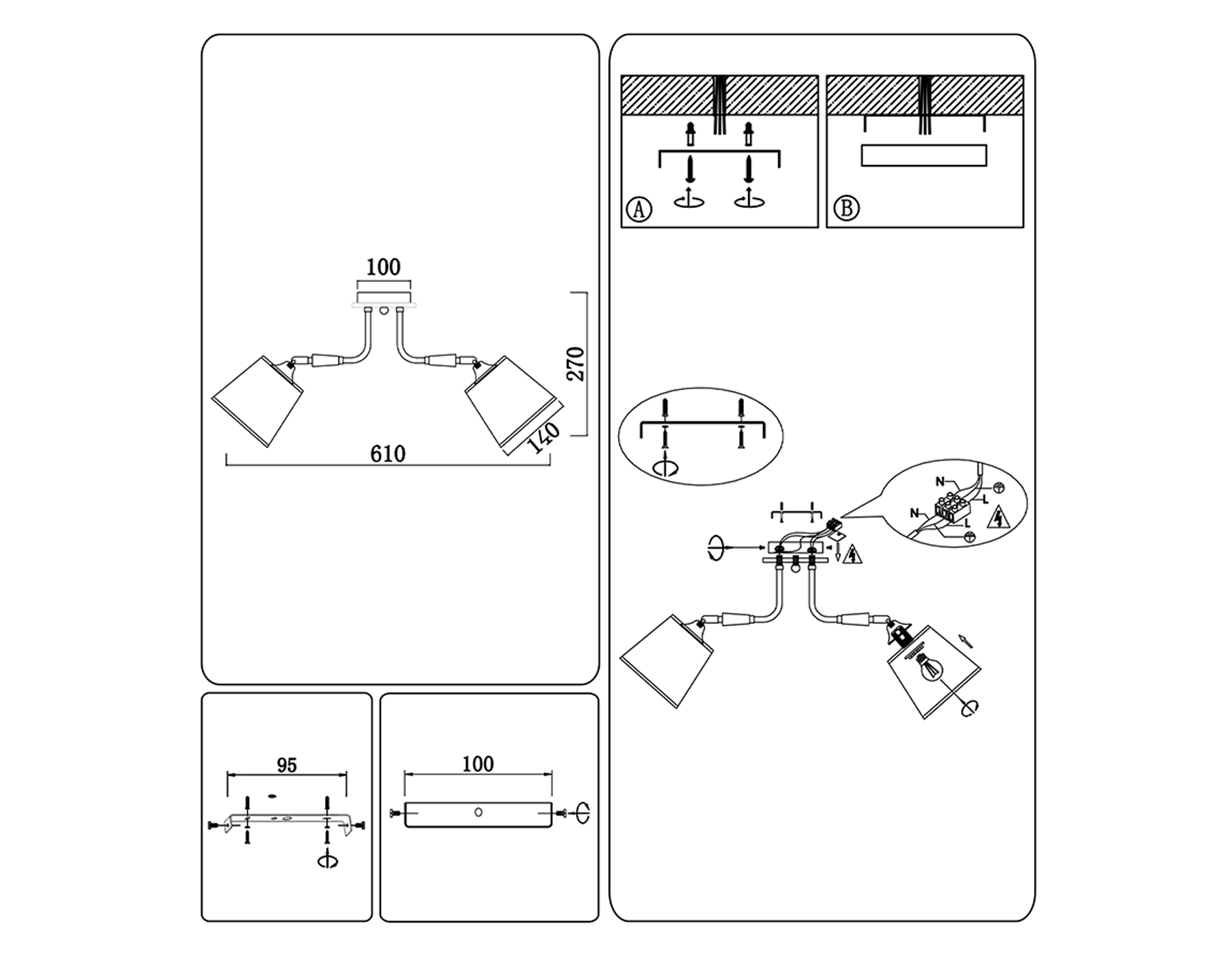 TR4733/5 BK/LWD черный/светлое дерево E27/5 max 40W D610*270
