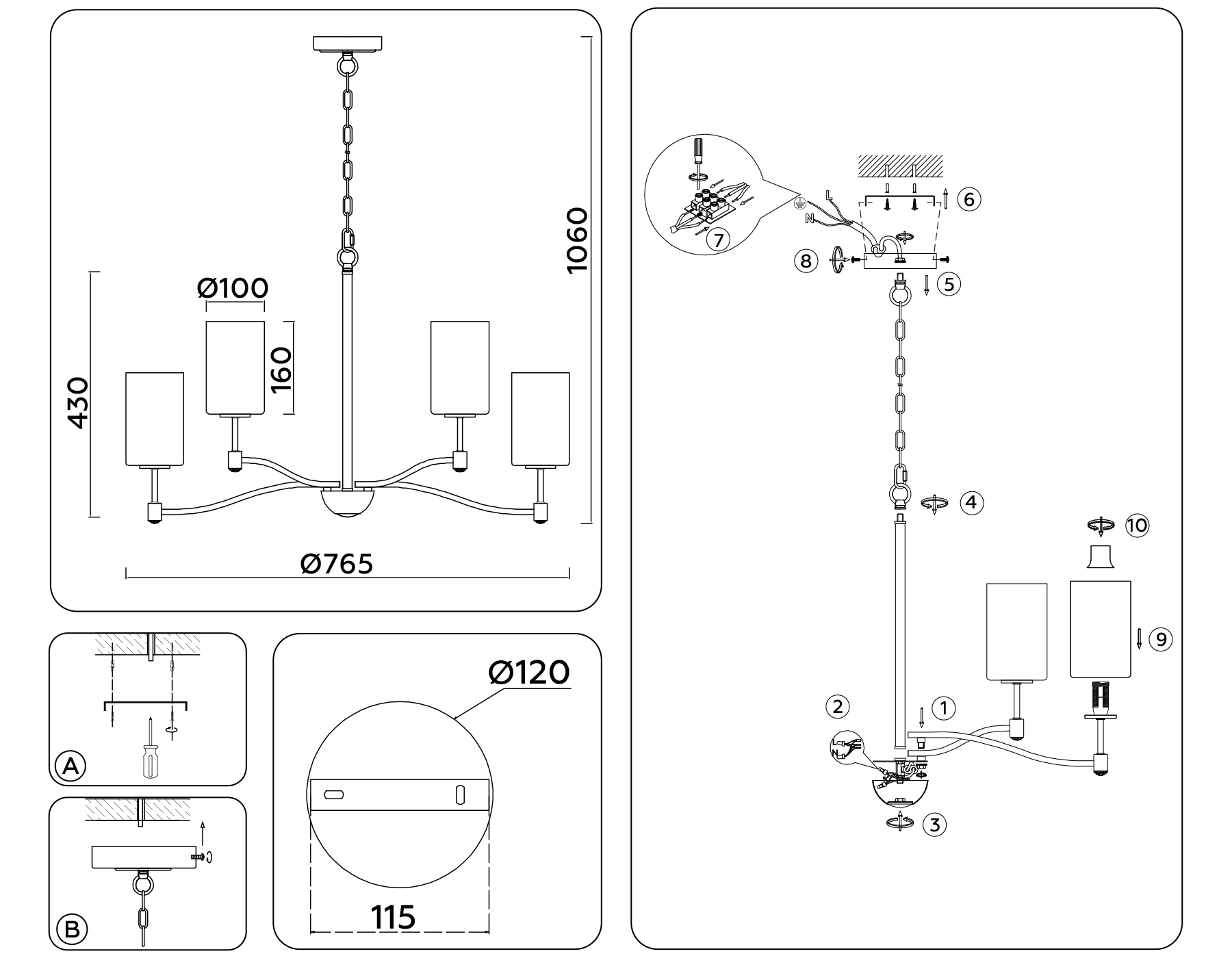 LH56054/6+3 BS/FR латунь/белый матовый E14*9 max 40W D765*1060